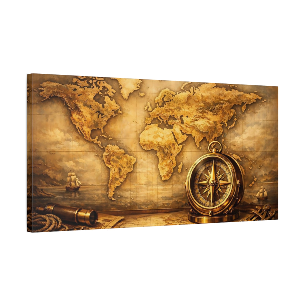 Side Mockup 2. Maps World Map Brown And Gold Map shown as stretched canvas wall art