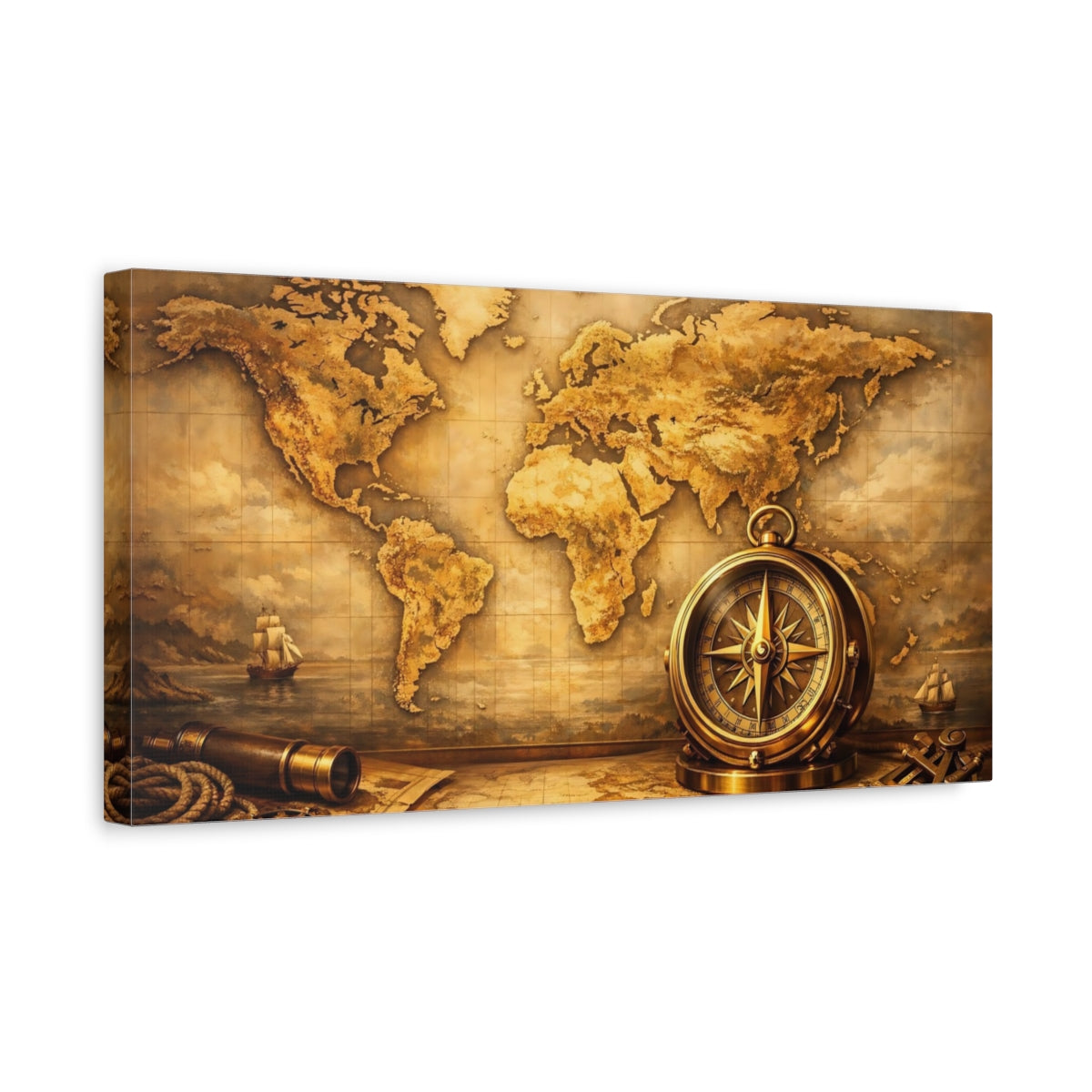 Side Mockup 3. Maps World Map Brown And Gold Map shown as stretched canvas wall art