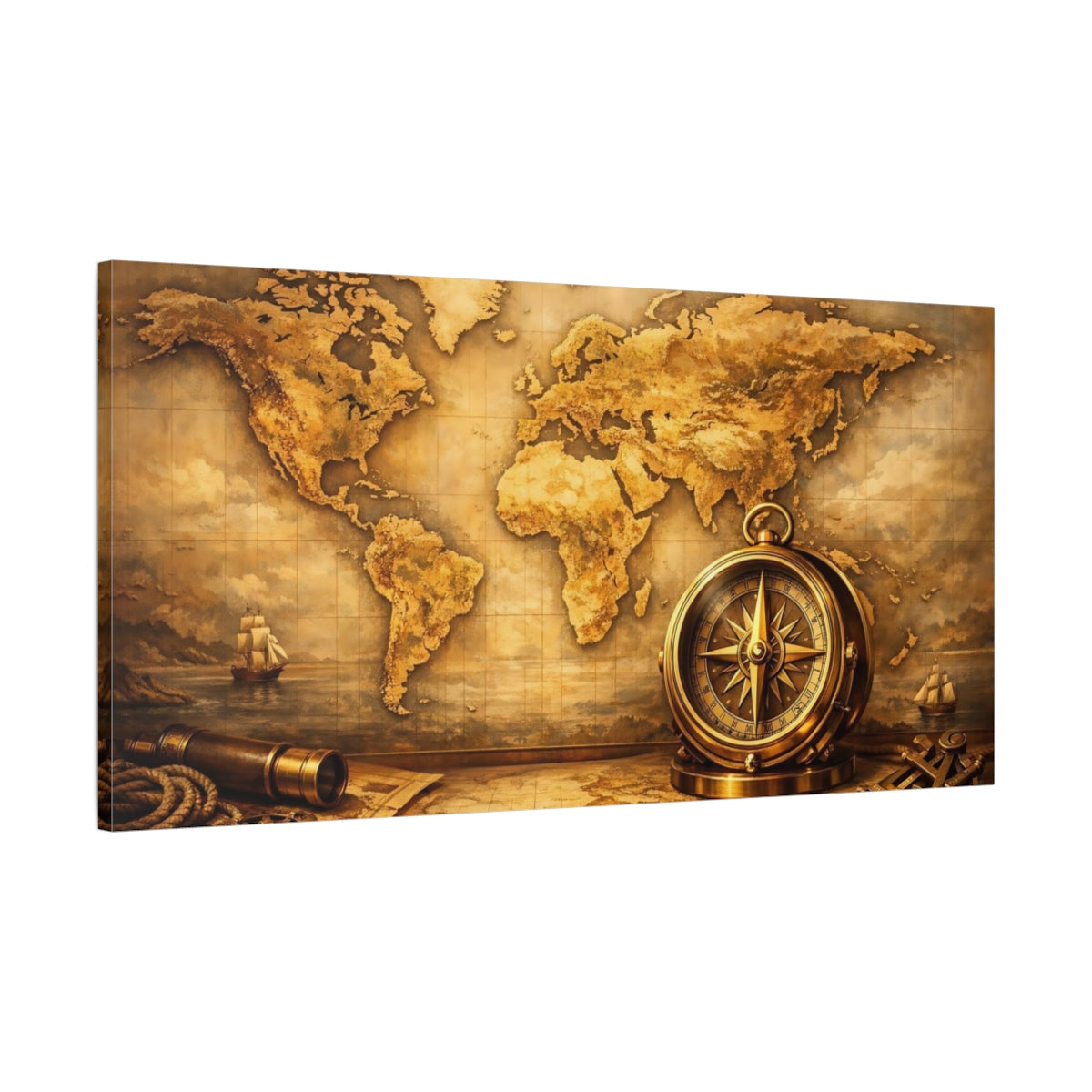 Side Mockup 1. Maps World Map Brown And Gold Map shown as stretched canvas wall art