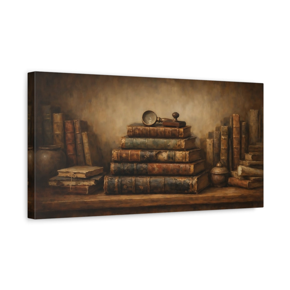 Side Mockup 3. Vintage Old Books Vintage Bookshelf shown as stretched canvas wall art