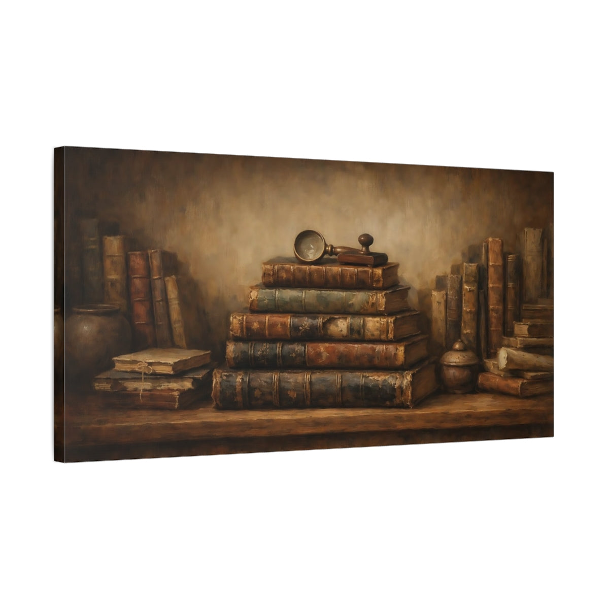 Side Mockup 2. Vintage Old Books Vintage Bookshelf shown as stretched canvas wall art