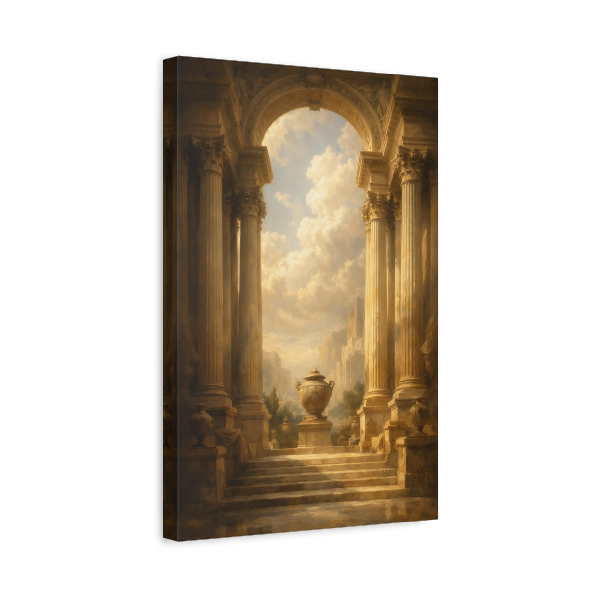 Side Mockup 4. Vintage Classical Architecture Brown And Gold shown as stretched canvas wall art