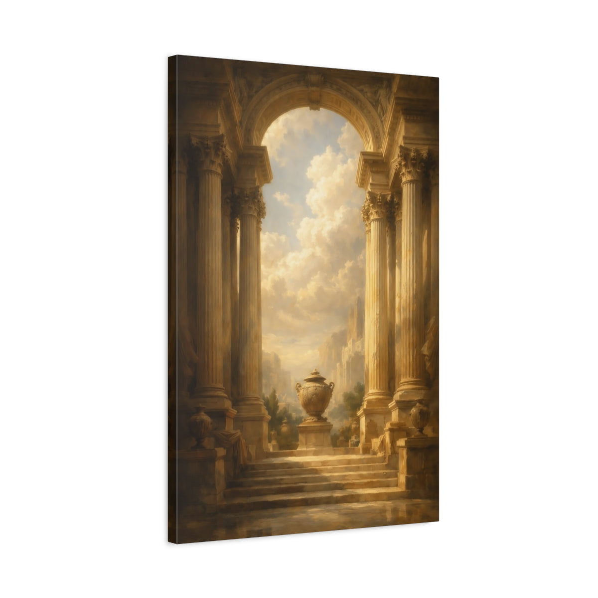 Side Mockup 2. Vintage Classical Architecture Brown And Gold shown as stretched canvas wall art