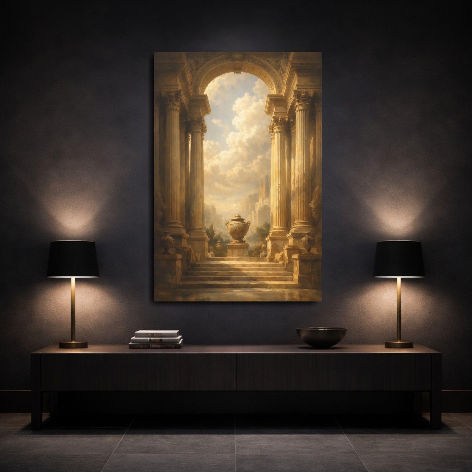 Mockup 2. Vintage Classical Architecture Brown And Gold shown as stretched canvas wall art