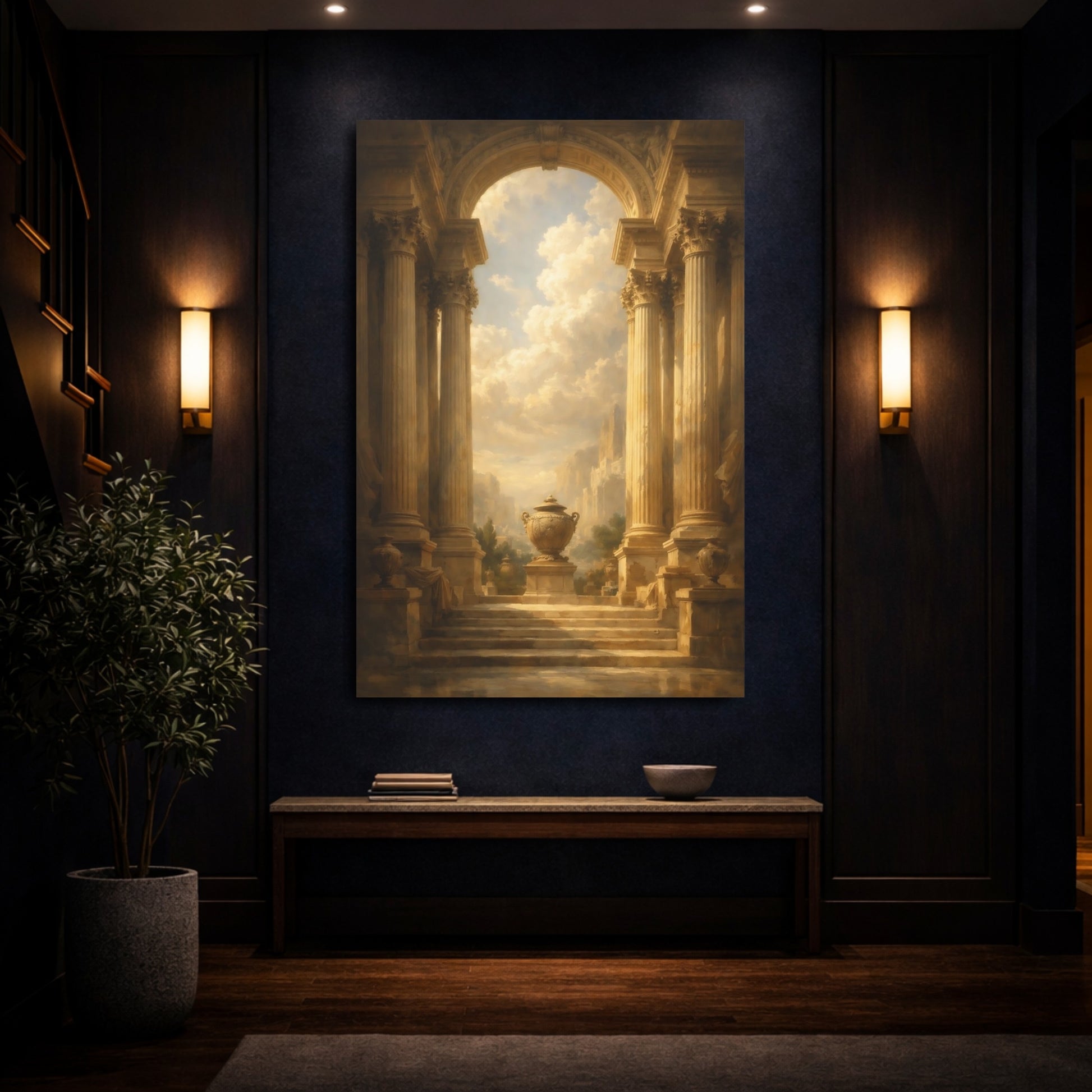 Mockup 3. Vintage Classical Architecture Brown And Gold shown as stretched canvas wall art