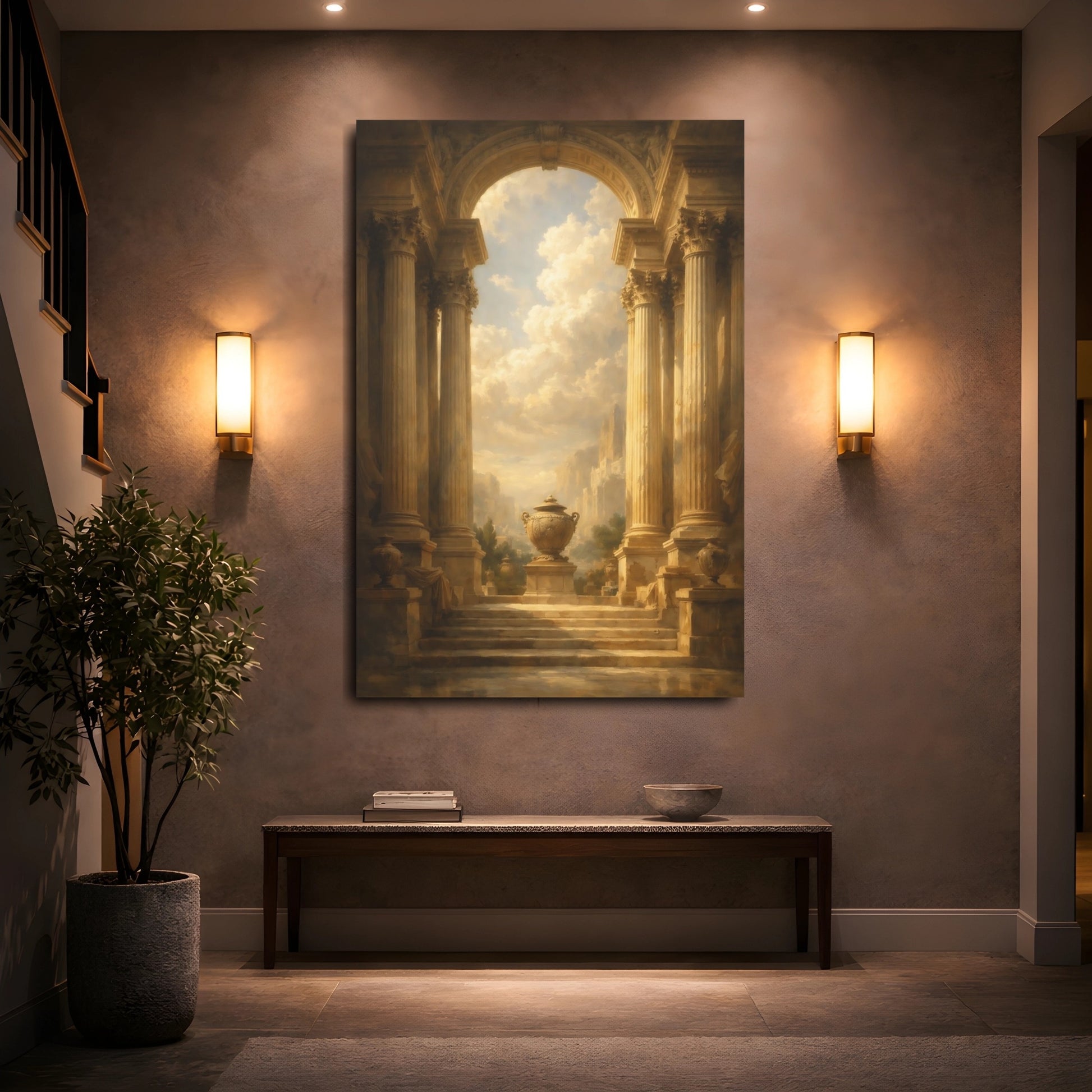 Mockup 4. Vintage Classical Architecture Brown And Gold shown as stretched canvas wall art