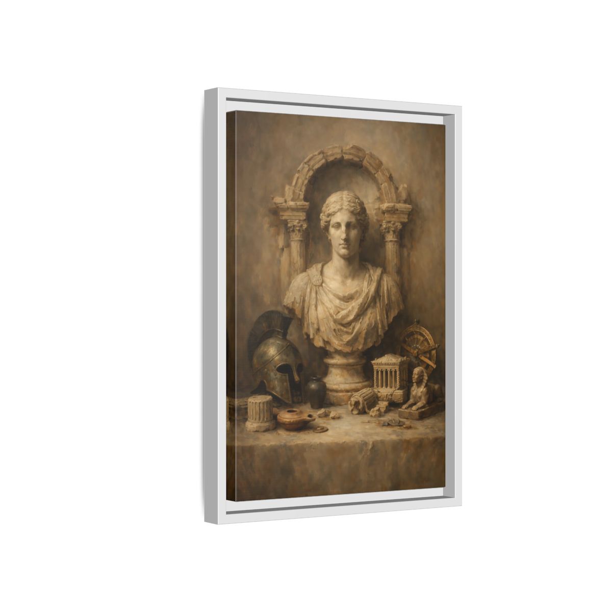 Side Mockup 4. Vintage Classical Bust Brown And Beige shown as stretched canvas wall art