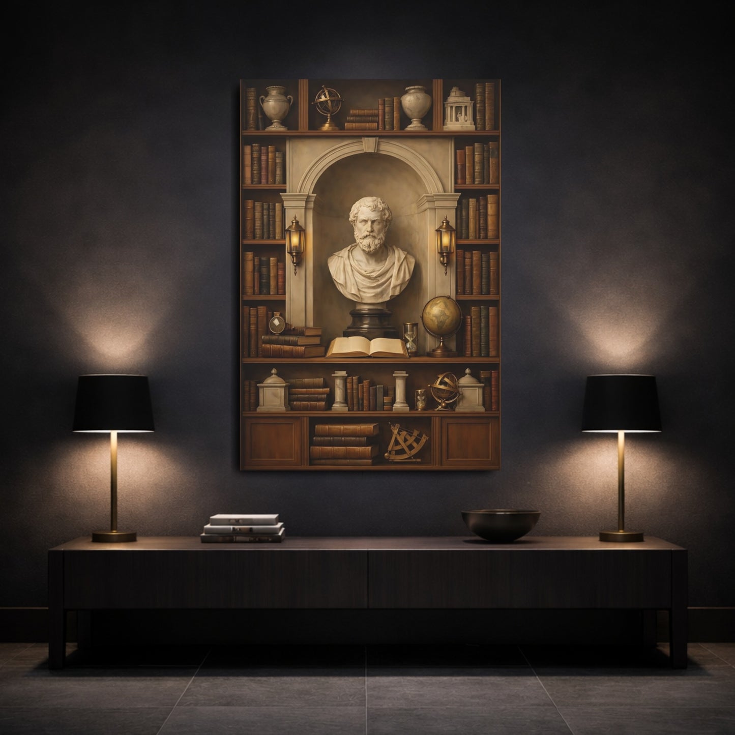 Vintage Classical Bust Vintage Bookshelf shown as front canvas room wall art