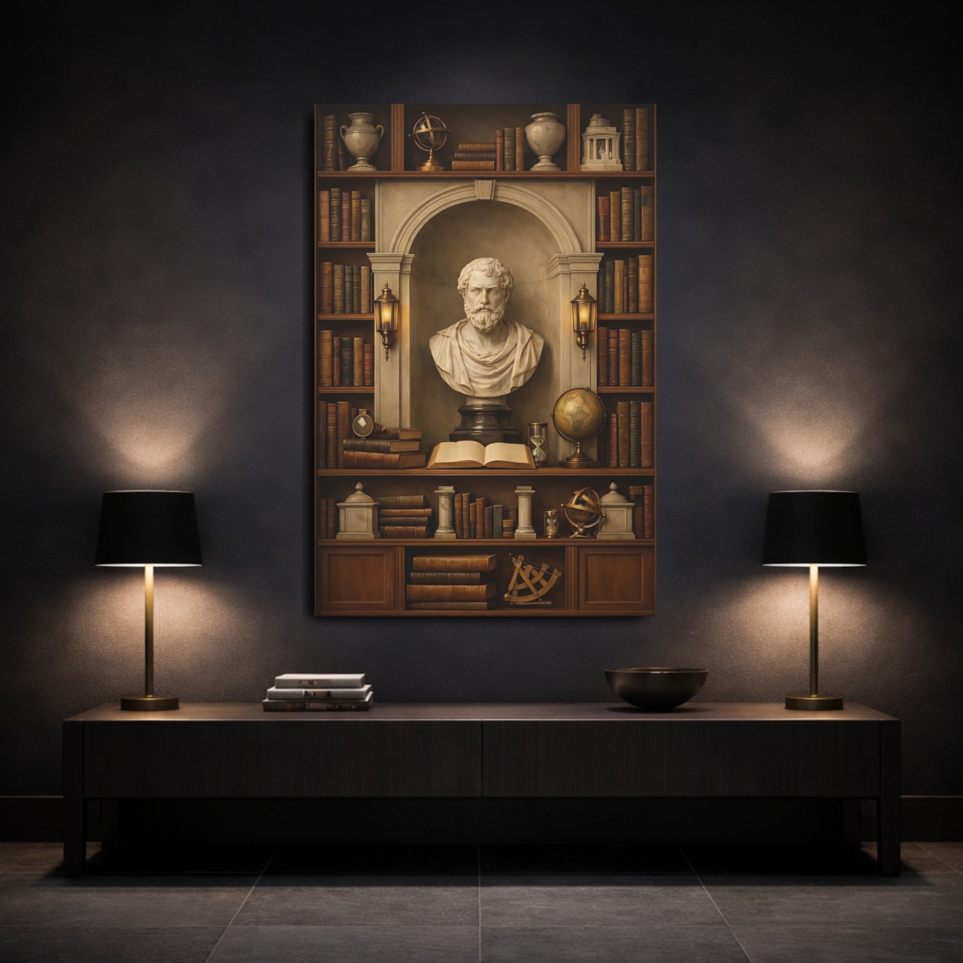 Vintage Classical Bust Vintage Bookshelf shown as front canvas room wall art