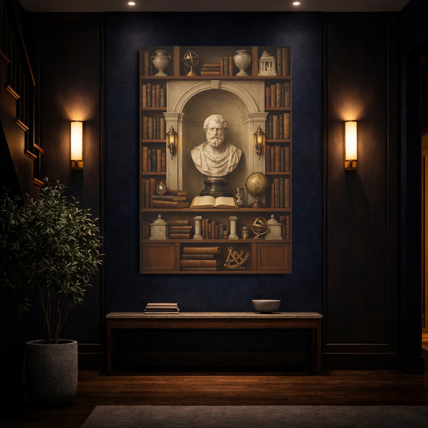 Vintage Classical Bust Vintage Bookshelf shown as front canvas room wall art