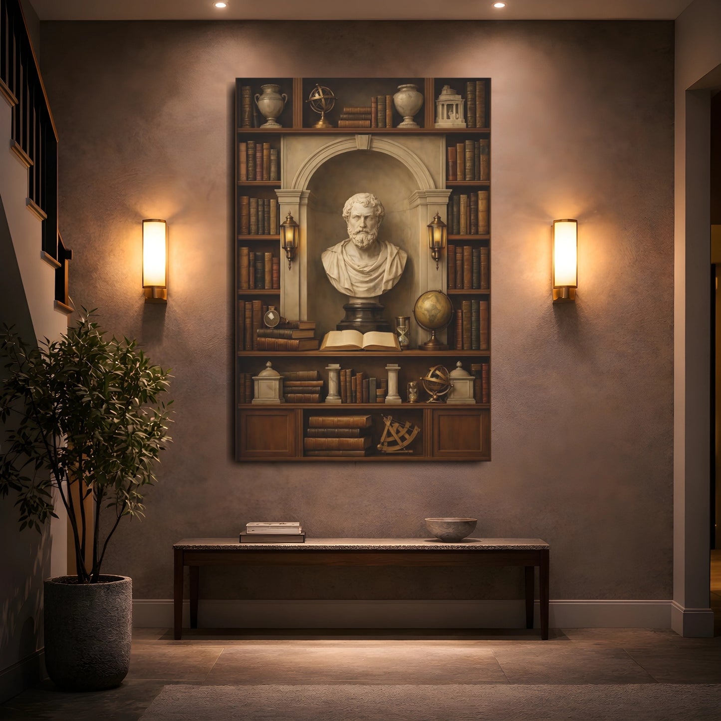 Vintage Classical Bust Vintage Bookshelf shown as front canvas room wall art