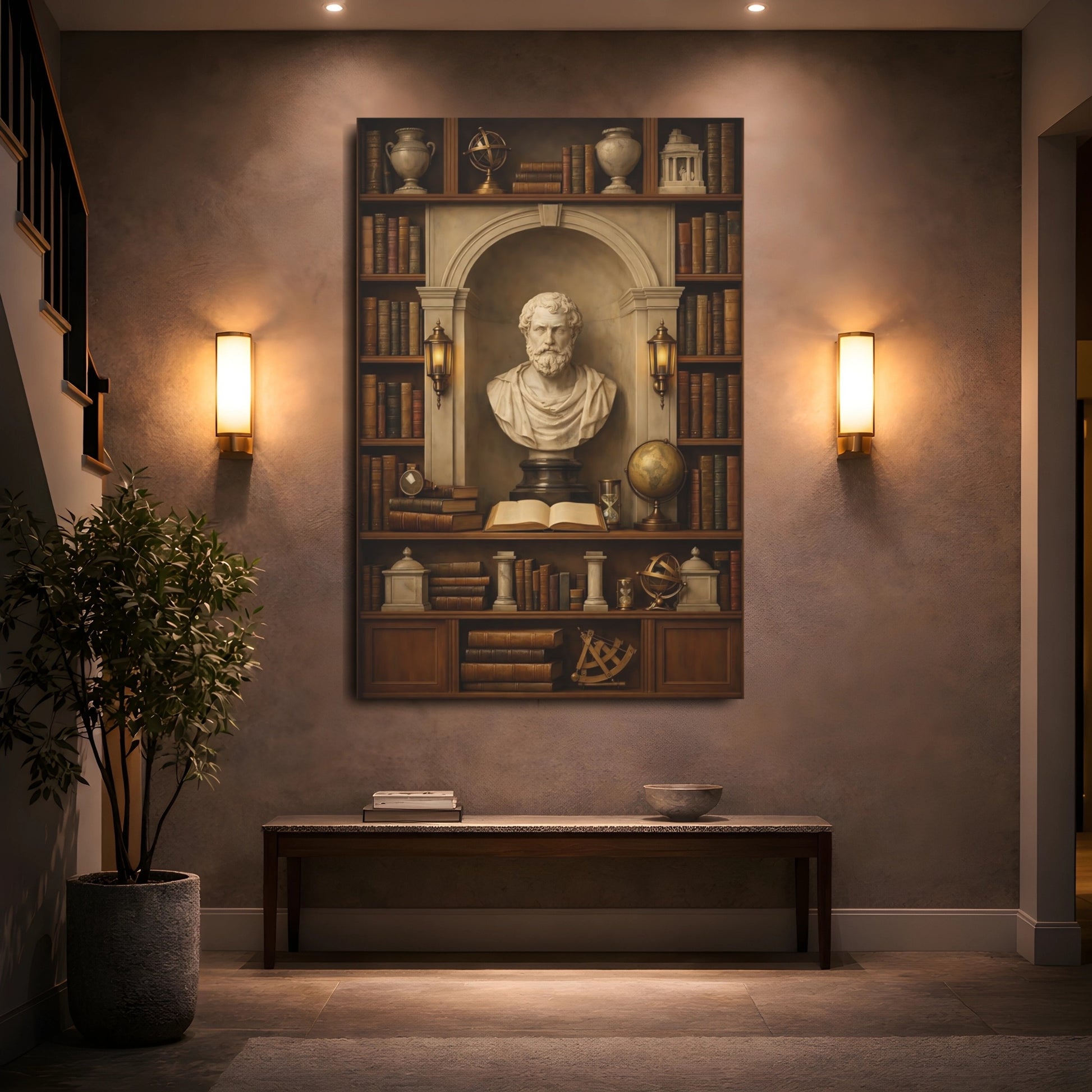 Vintage Classical Bust Vintage Bookshelf shown as front canvas room wall art