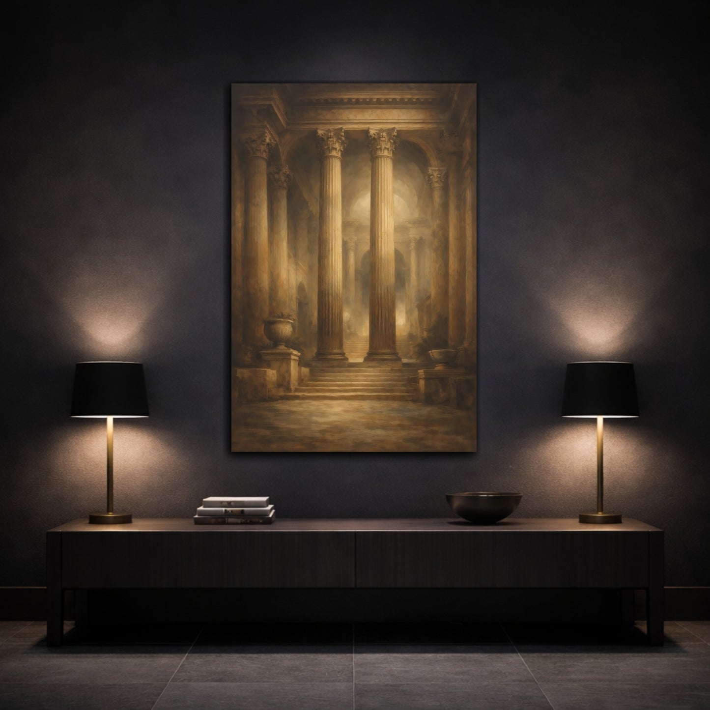 Mockup 2. Vintage Classical Columns Brown And Gold shown as stretched canvas wall art