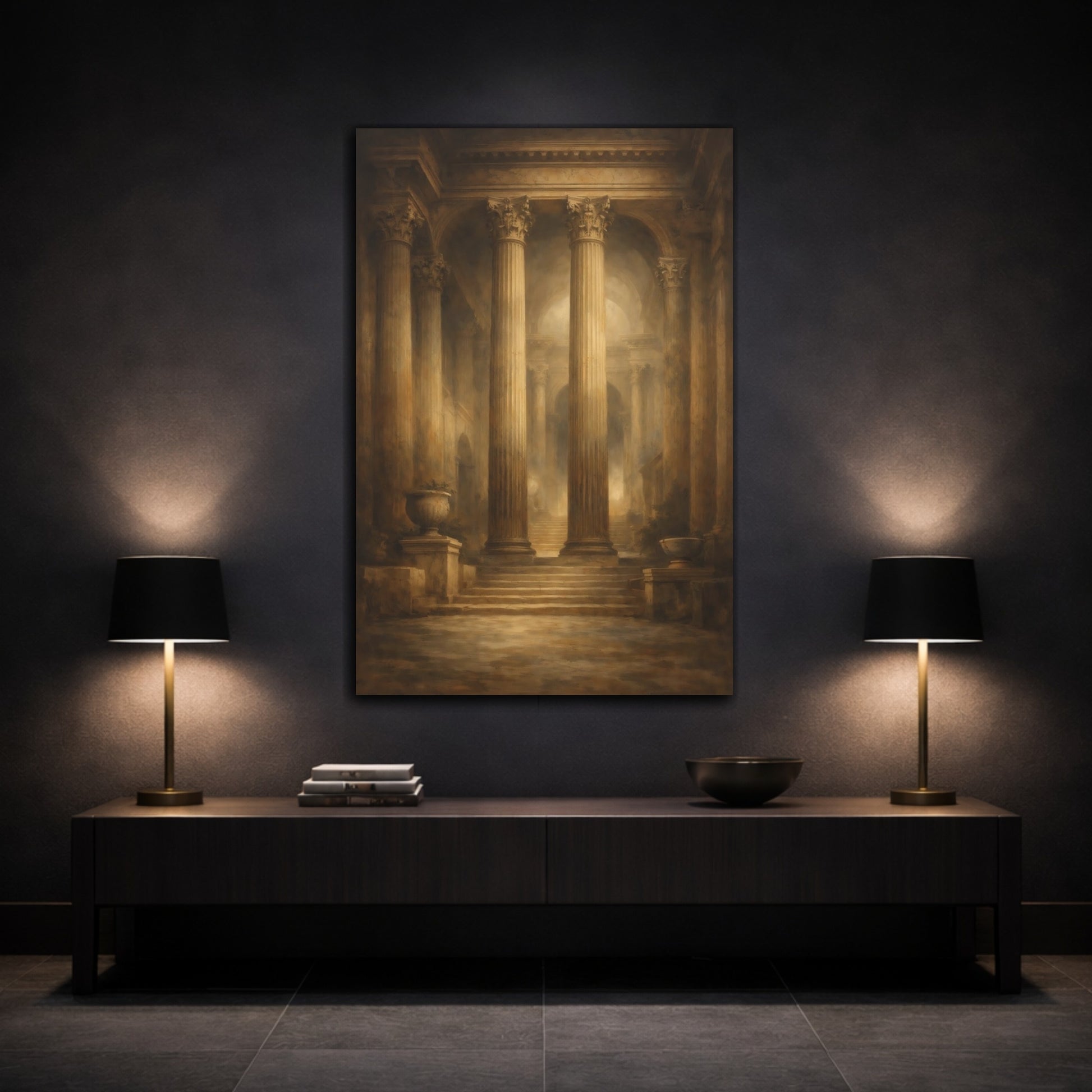 Mockup 2. Vintage Classical Columns Brown And Gold shown as stretched canvas wall art