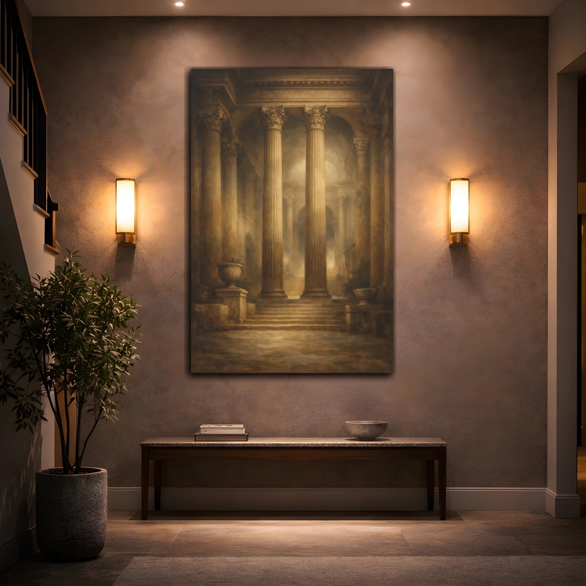 Mockup 3. Vintage Classical Columns Brown And Gold shown as stretched canvas wall art