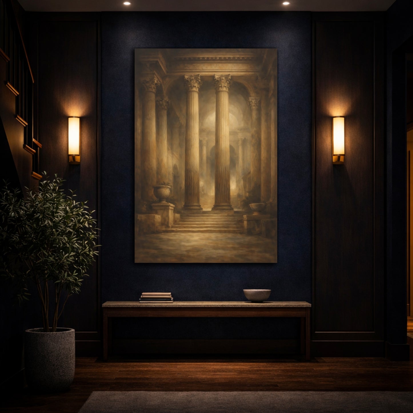 Mockup 4. Vintage Classical Columns Brown And Gold shown as stretched canvas wall art