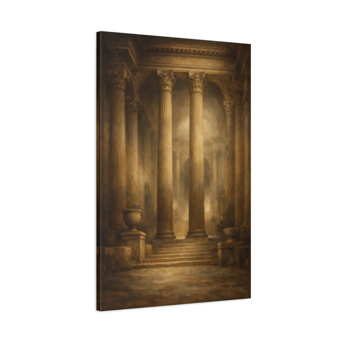 Side Mockup 1. Vintage Classical Columns Brown And Gold shown as stretched canvas wall art