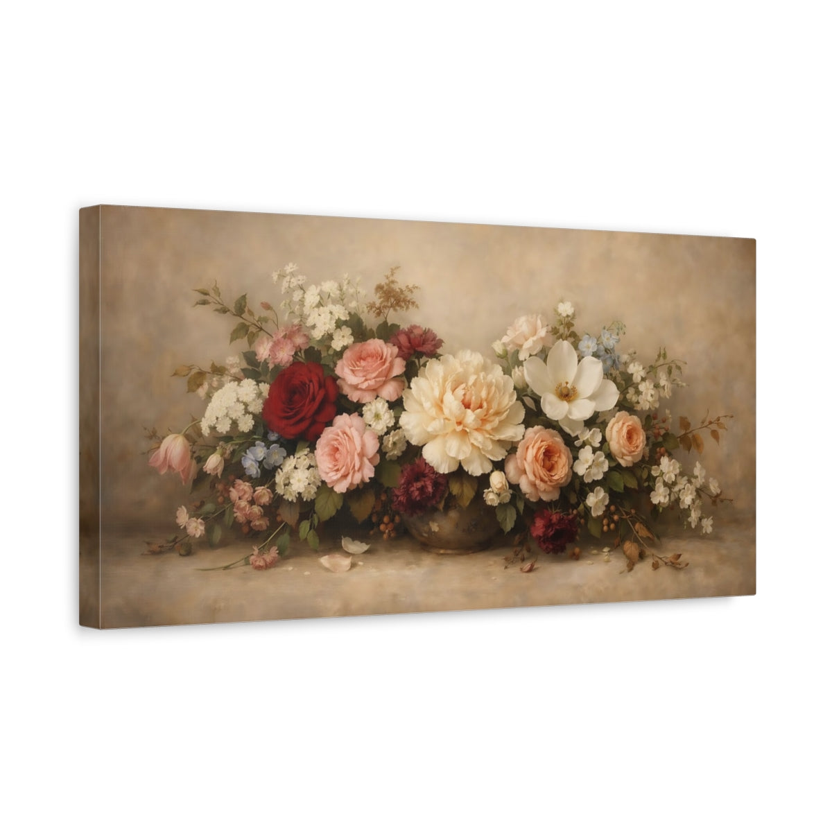 Side Mockup 3. Floral Floral Arrangement Vintage Floral Bouquet shown as stretched canvas wall art