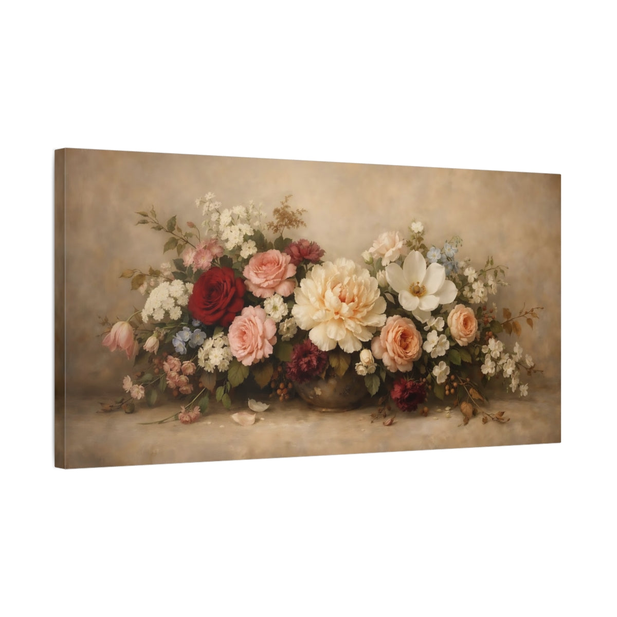 Side Mockup 2. Floral Floral Arrangement Vintage Floral Bouquet shown as stretched canvas wall art