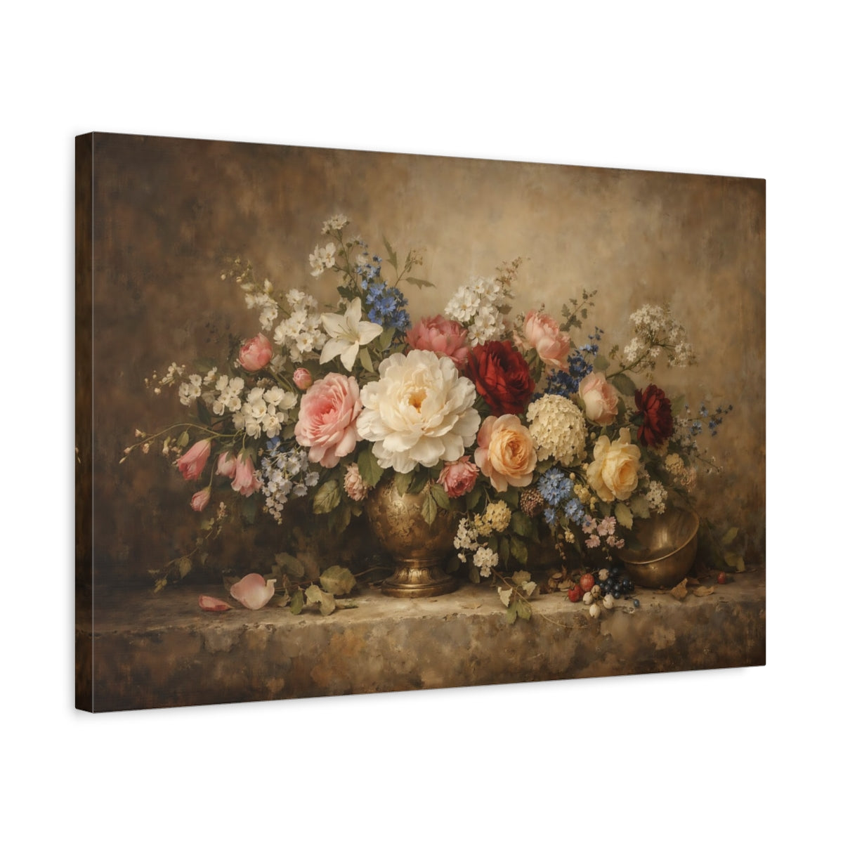 Side Mockup 3. Floral Floral Bouquet Brown Floral Still Life shown as stretched canvas wall art