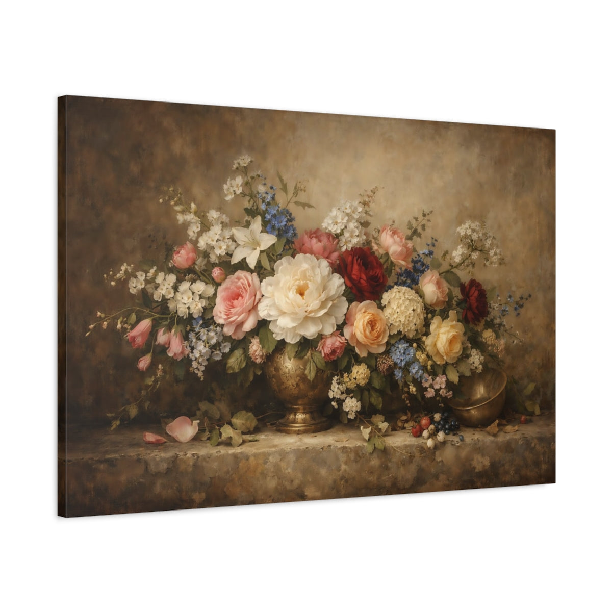 Side Mockup 1. Floral Floral Bouquet Brown Floral Still Life shown as stretched canvas wall art