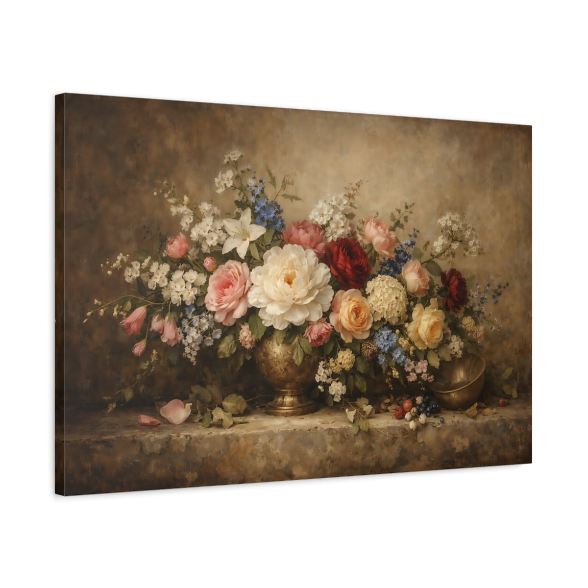 Side Mockup 2. Floral Floral Bouquet Brown Floral Still Life shown as stretched canvas wall art
