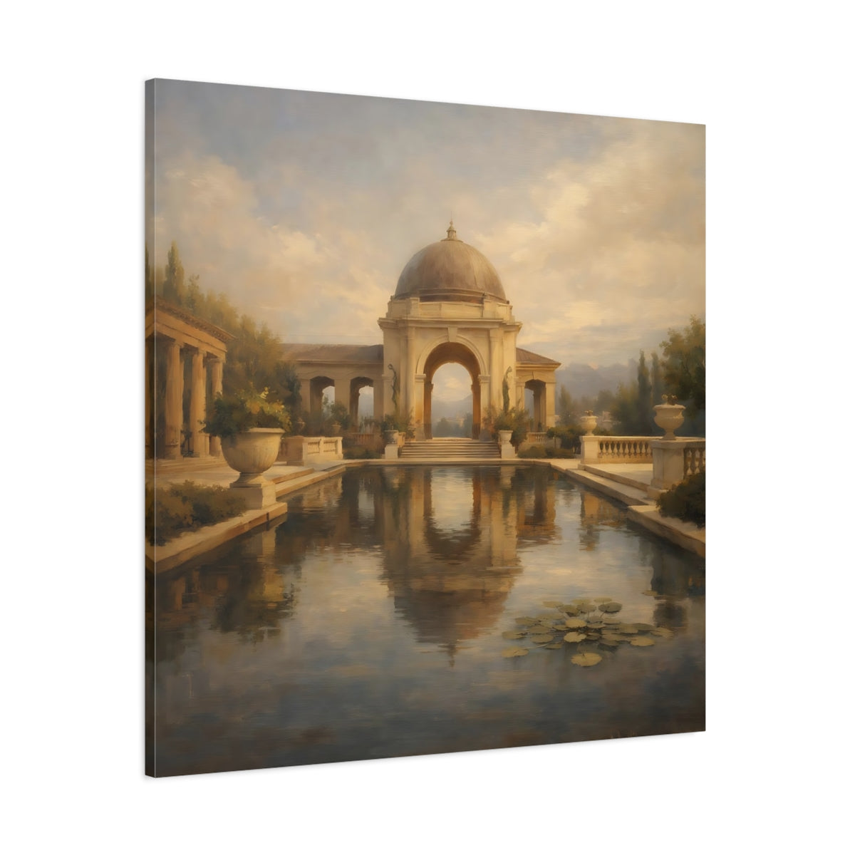 Main Mockup. Vintage Classical Gazebo Muted Gold Blue shown as stretched canvas wall art