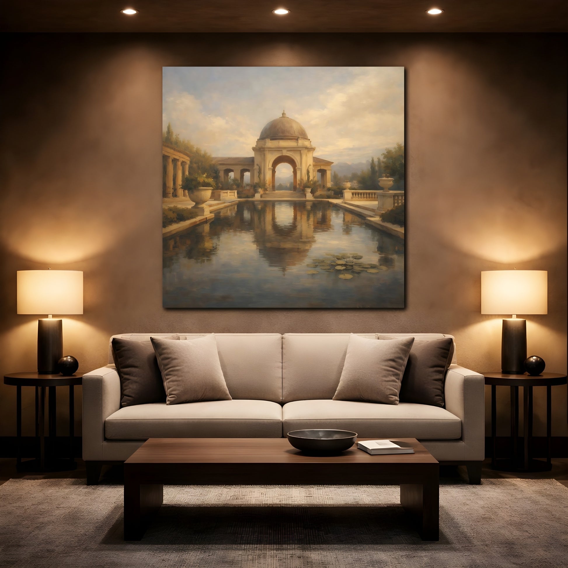 Mockup 2. Vintage Classical Gazebo Muted Gold Blue shown as stretched canvas wall art