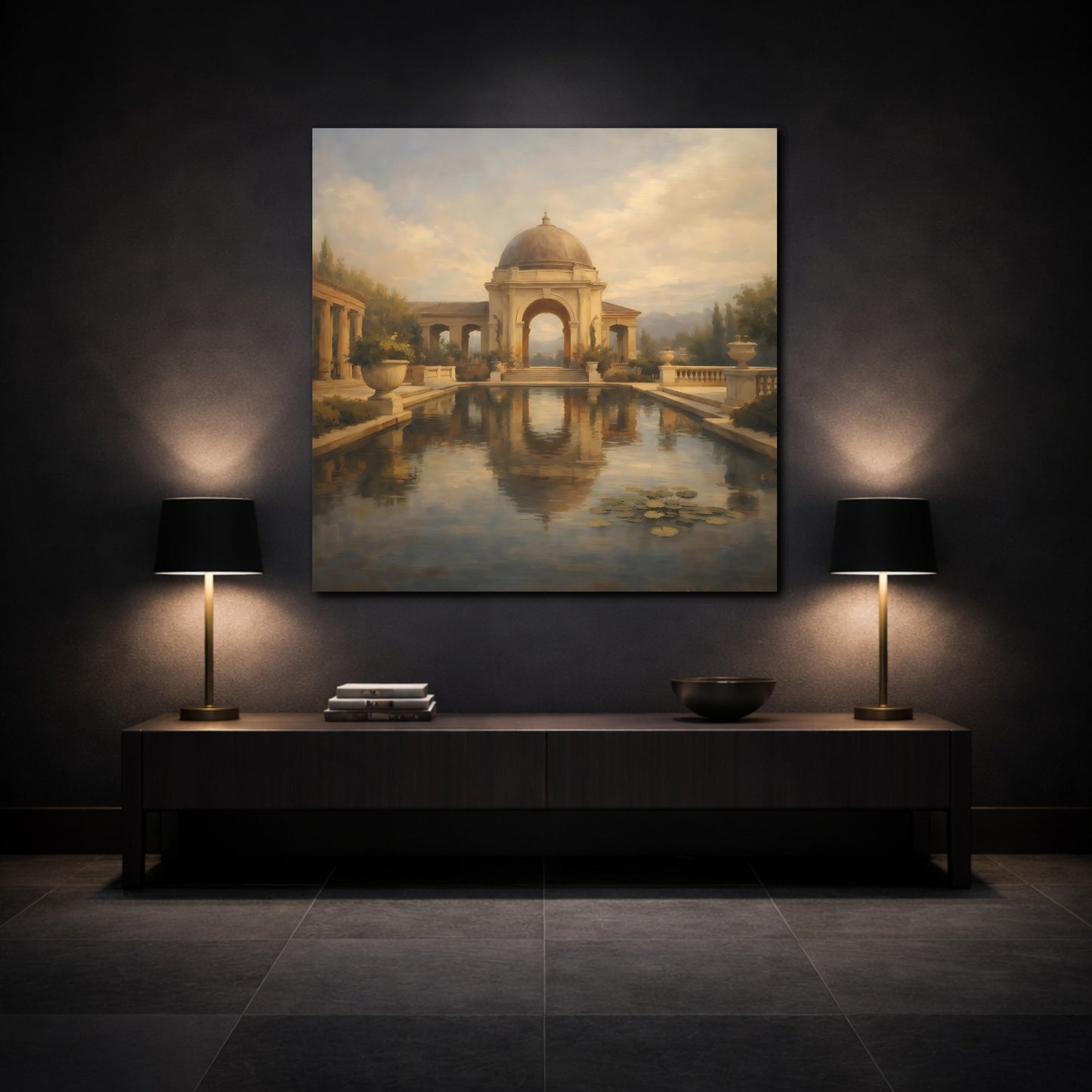 Mockup 3. Vintage Classical Gazebo Muted Gold Blue shown as stretched canvas wall art