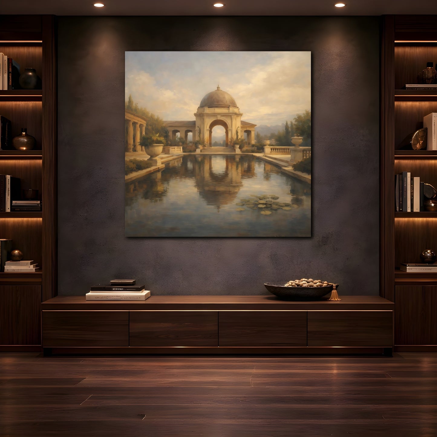 Mockup 4. Vintage Classical Gazebo Muted Gold Blue shown as stretched canvas wall art