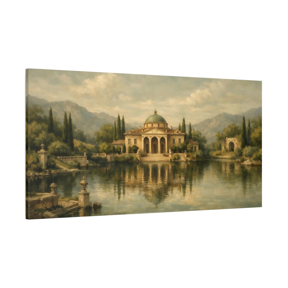 Main Mockup. Vintage Classical Villa Classical Lakeside Villa shown as stretched canvas wall art