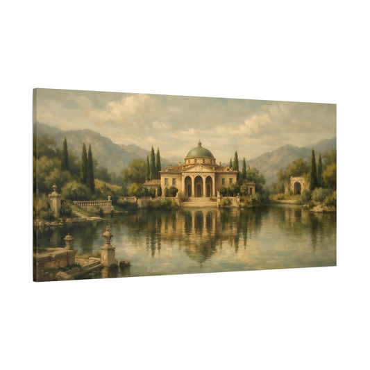 Main Mockup. Vintage Classical Villa Classical Lakeside Villa shown as stretched canvas wall art