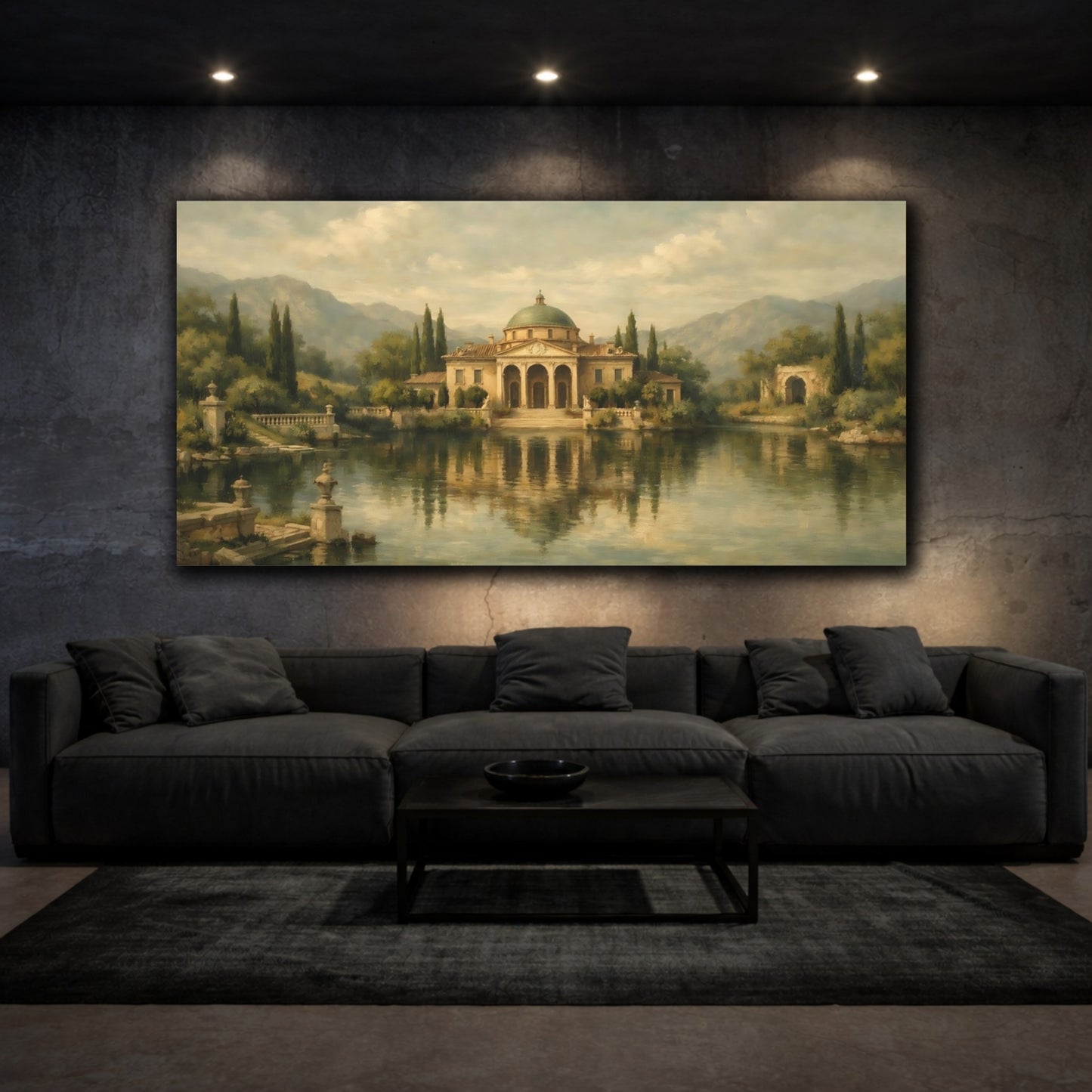 Mockup 2. Vintage Classical Villa Classical Lakeside Villa shown as stretched canvas wall art