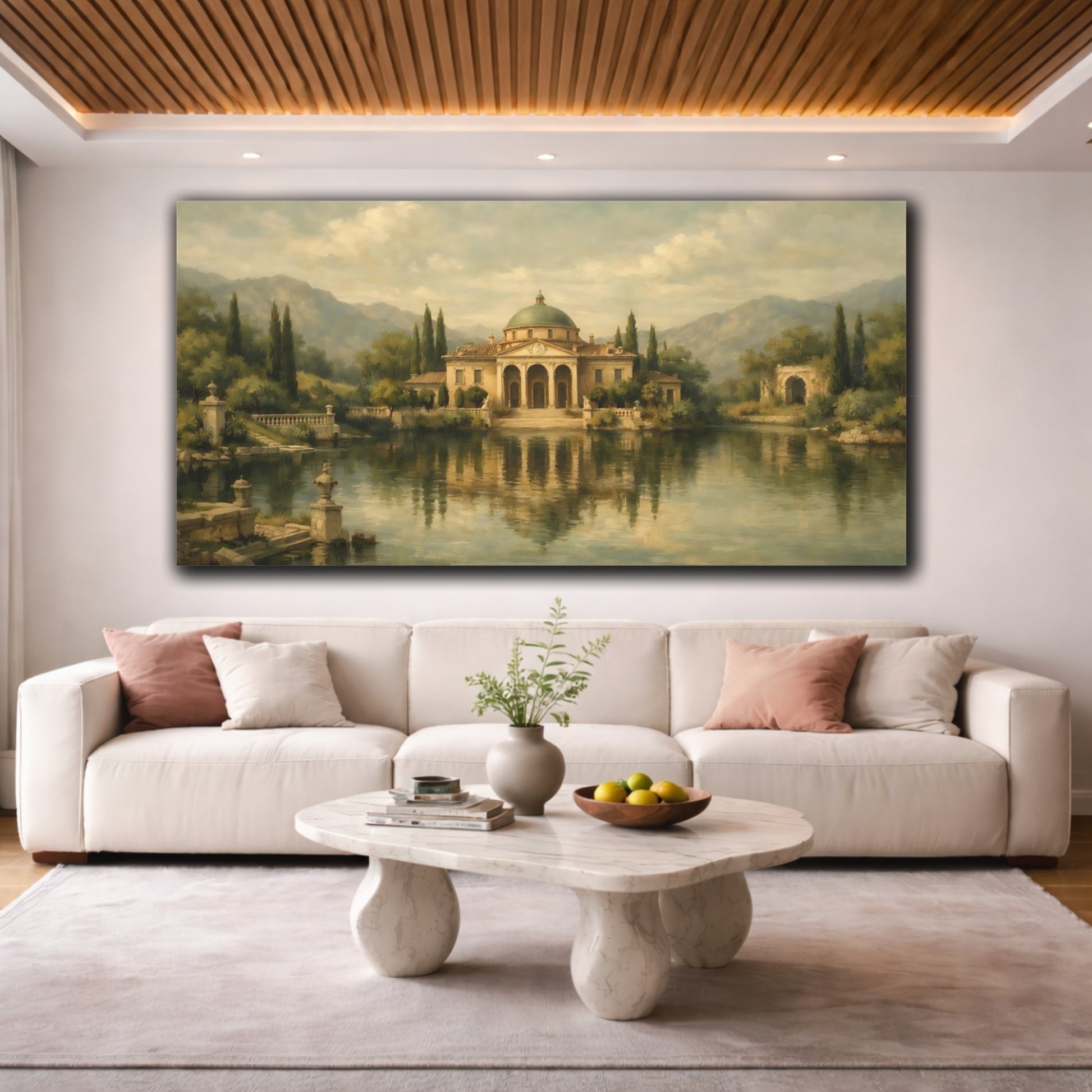 Mockup 3. Vintage Classical Villa Classical Lakeside Villa shown as stretched canvas wall art