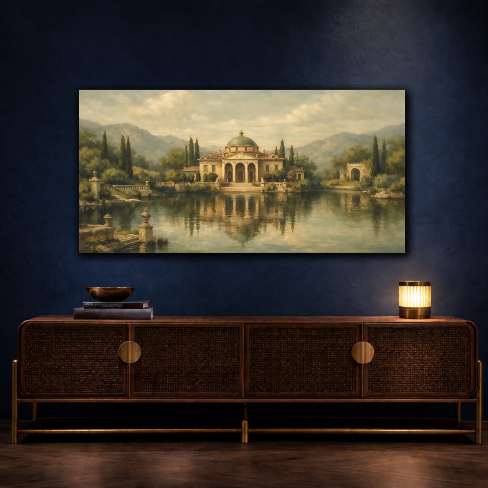 Mockup 4. Vintage Classical Villa Classical Lakeside Villa shown as stretched canvas wall art