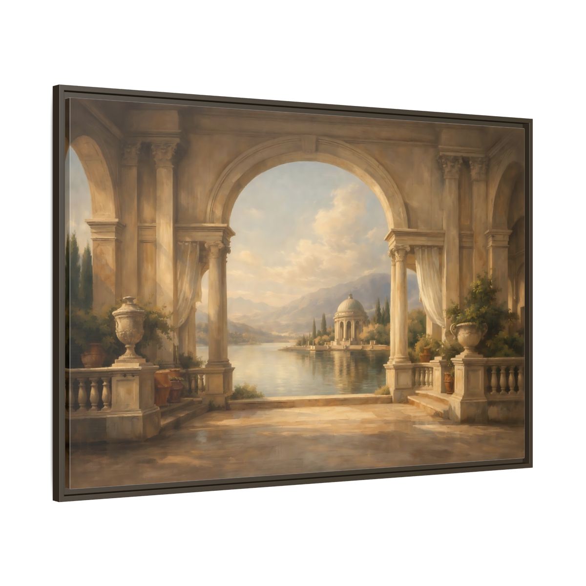 Main Mockup. Vintage Classical Vista Classical Lake Scene shown as stretched canvas wall art