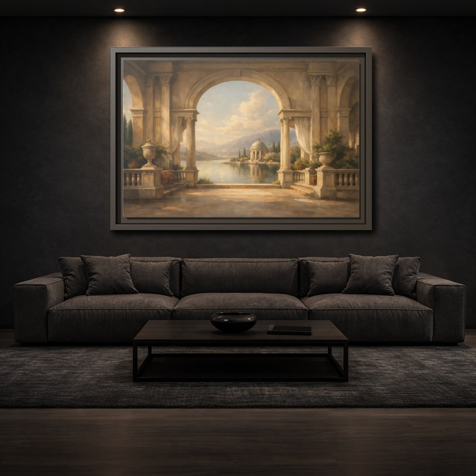 Mockup 2. Vintage Classical Vista Classical Lake Scene shown as stretched canvas wall art