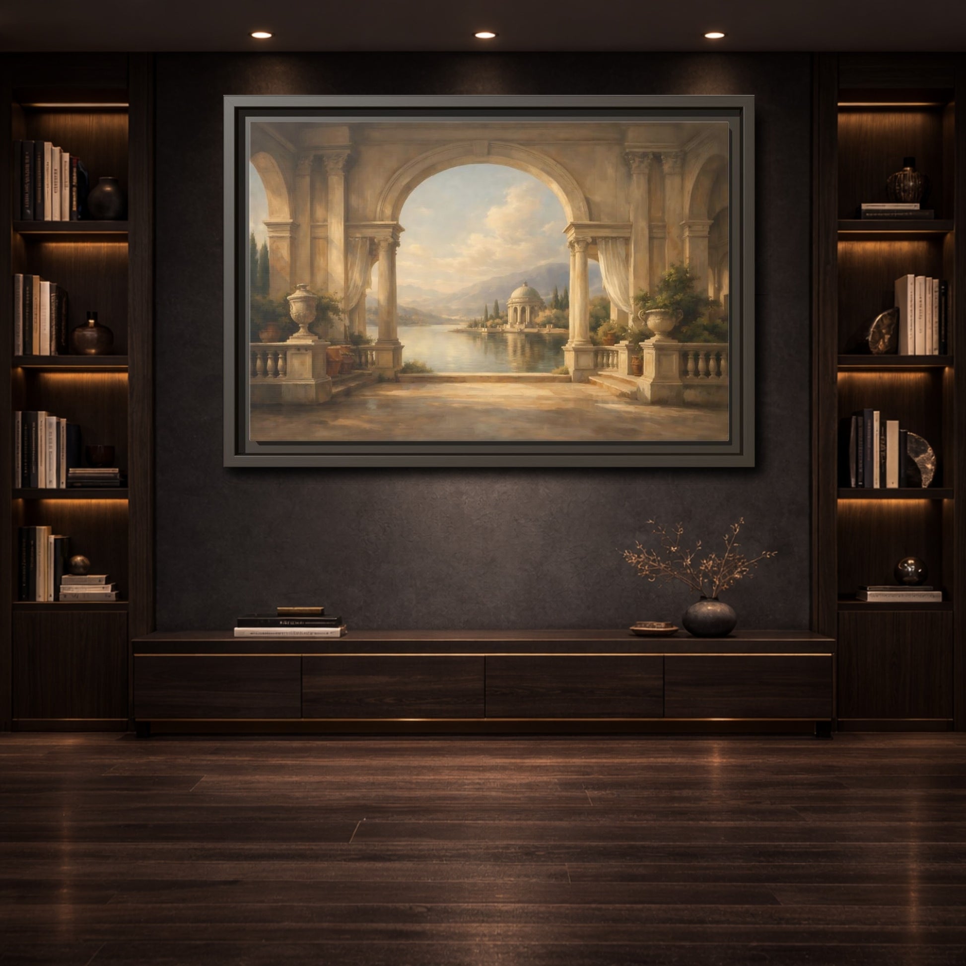 Mockup 3. Vintage Classical Vista Classical Lake Scene shown as stretched canvas wall art