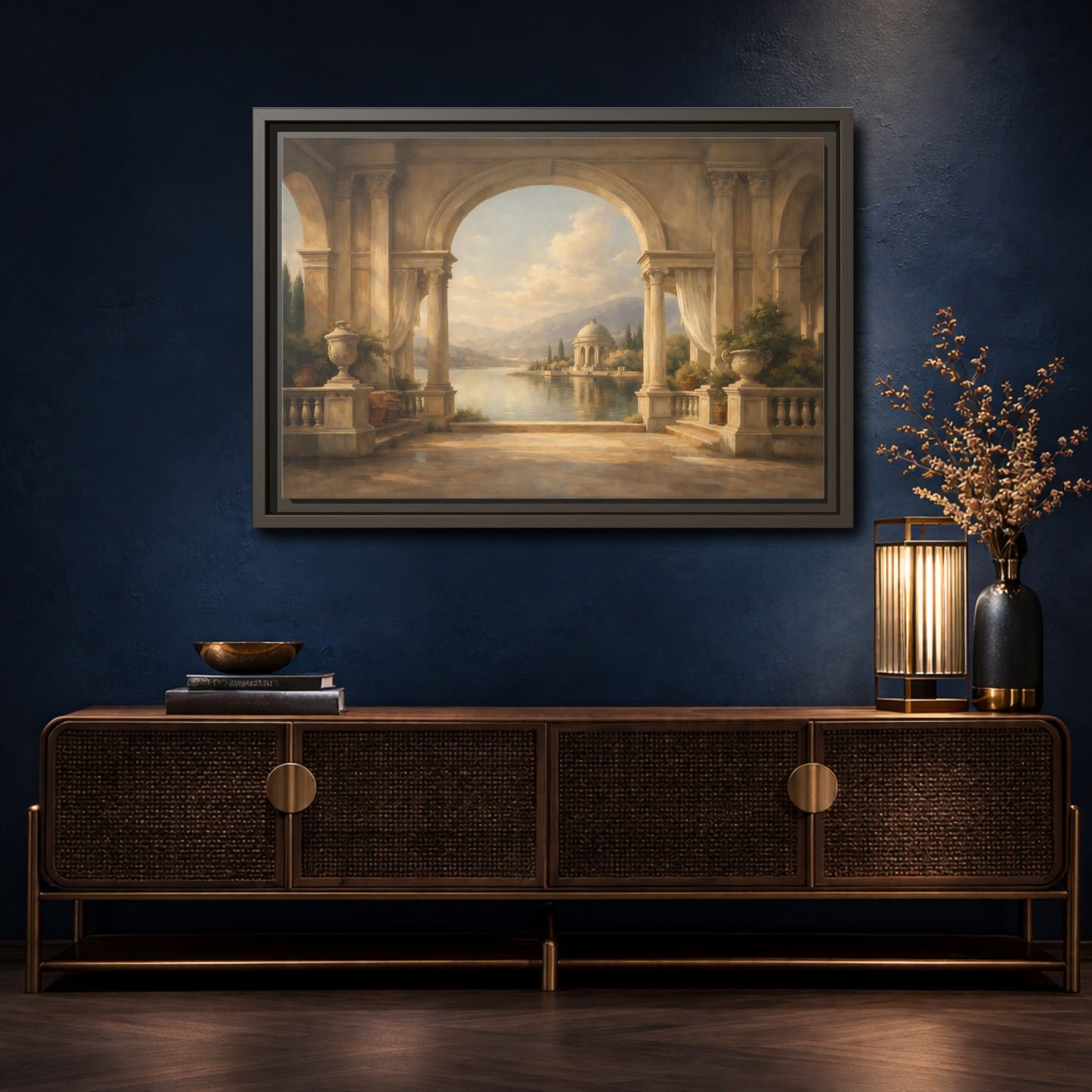 Mockup 4. Vintage Classical Vista Classical Lake Scene shown as stretched canvas wall art