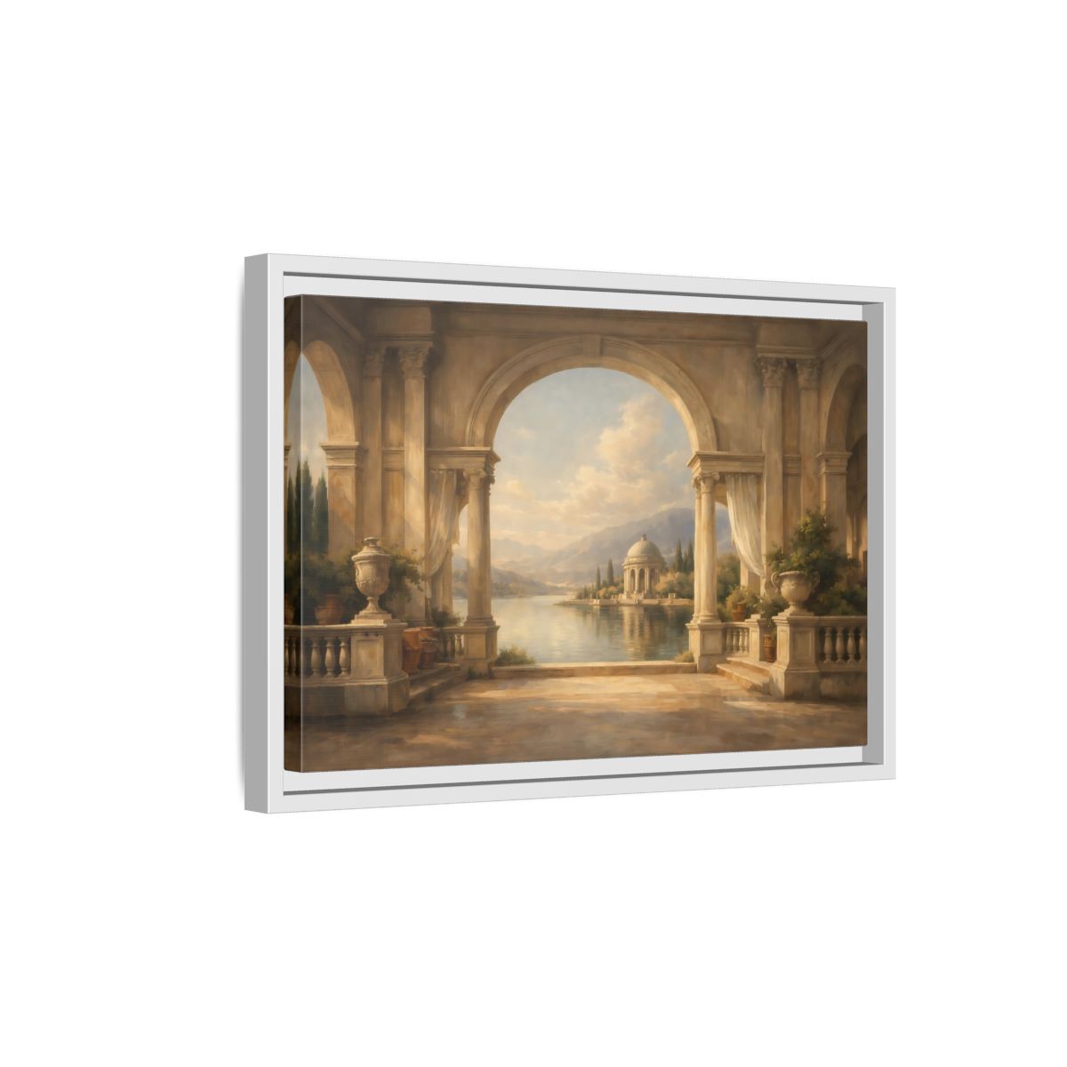 Side Mockup 4. Vintage Classical Vista Classical Lake Scene shown as stretched canvas wall art