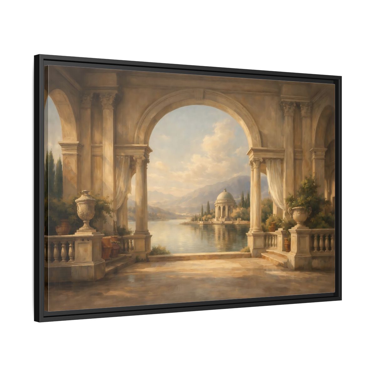 Side Mockup 13. Vintage Classical Vista Classical Lake Scene shown as stretched canvas wall art