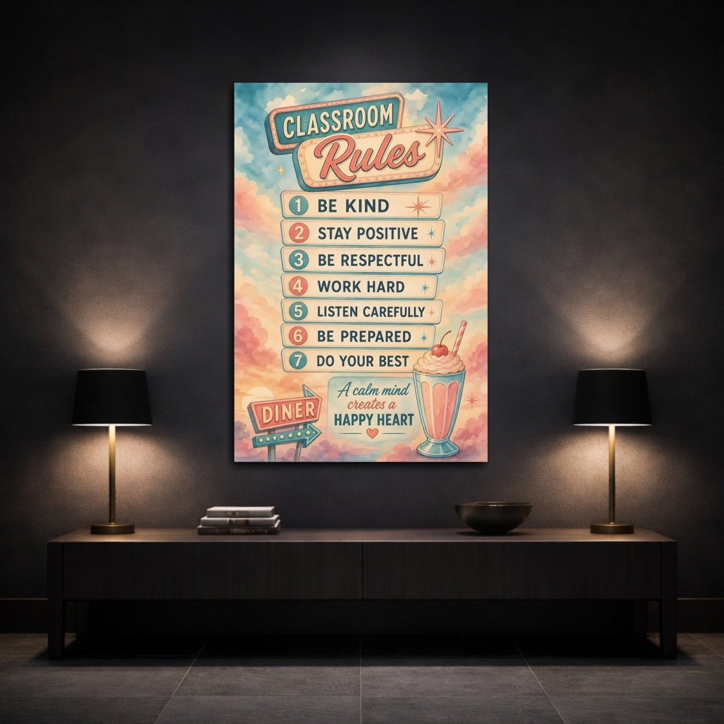 Vintage Classroom Rules Pink And Blue Canvas Print – Gallery Wall - YesArtYes