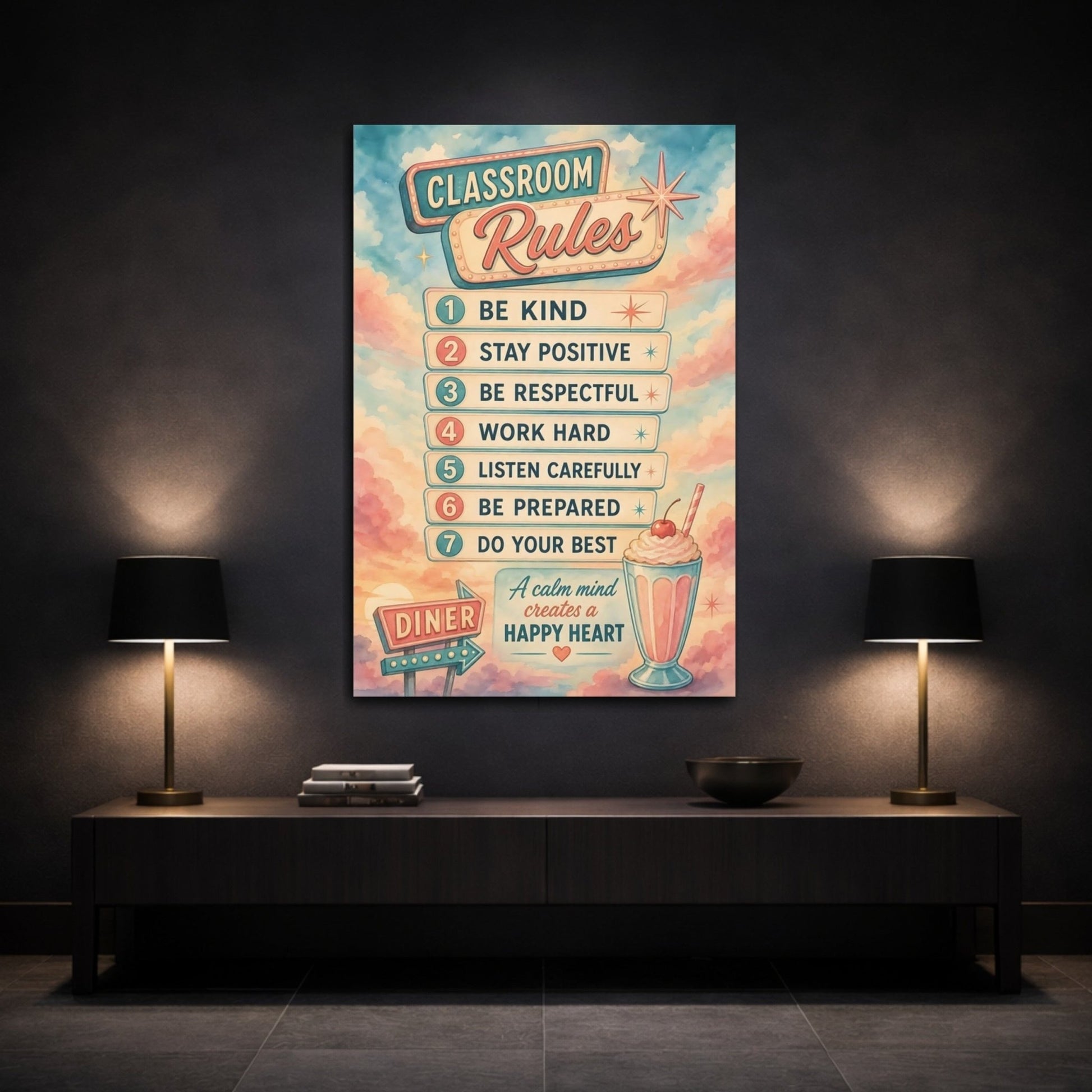Vintage Classroom Rules Pink And Blue Canvas Print – Gallery Wall - YesArtYes