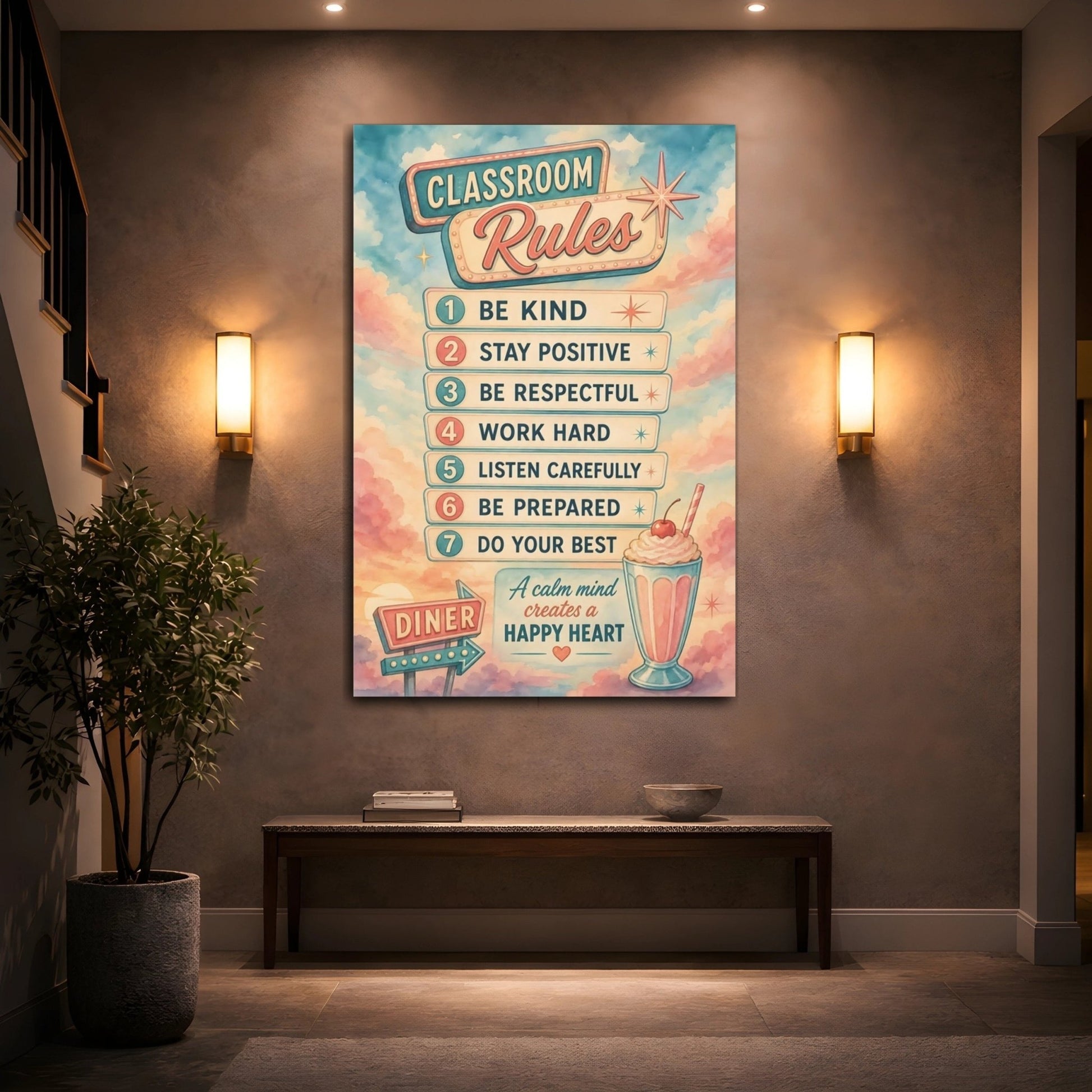 Vintage Classroom Rules Pink And Blue Canvas Print – Gallery Wall - YesArtYes