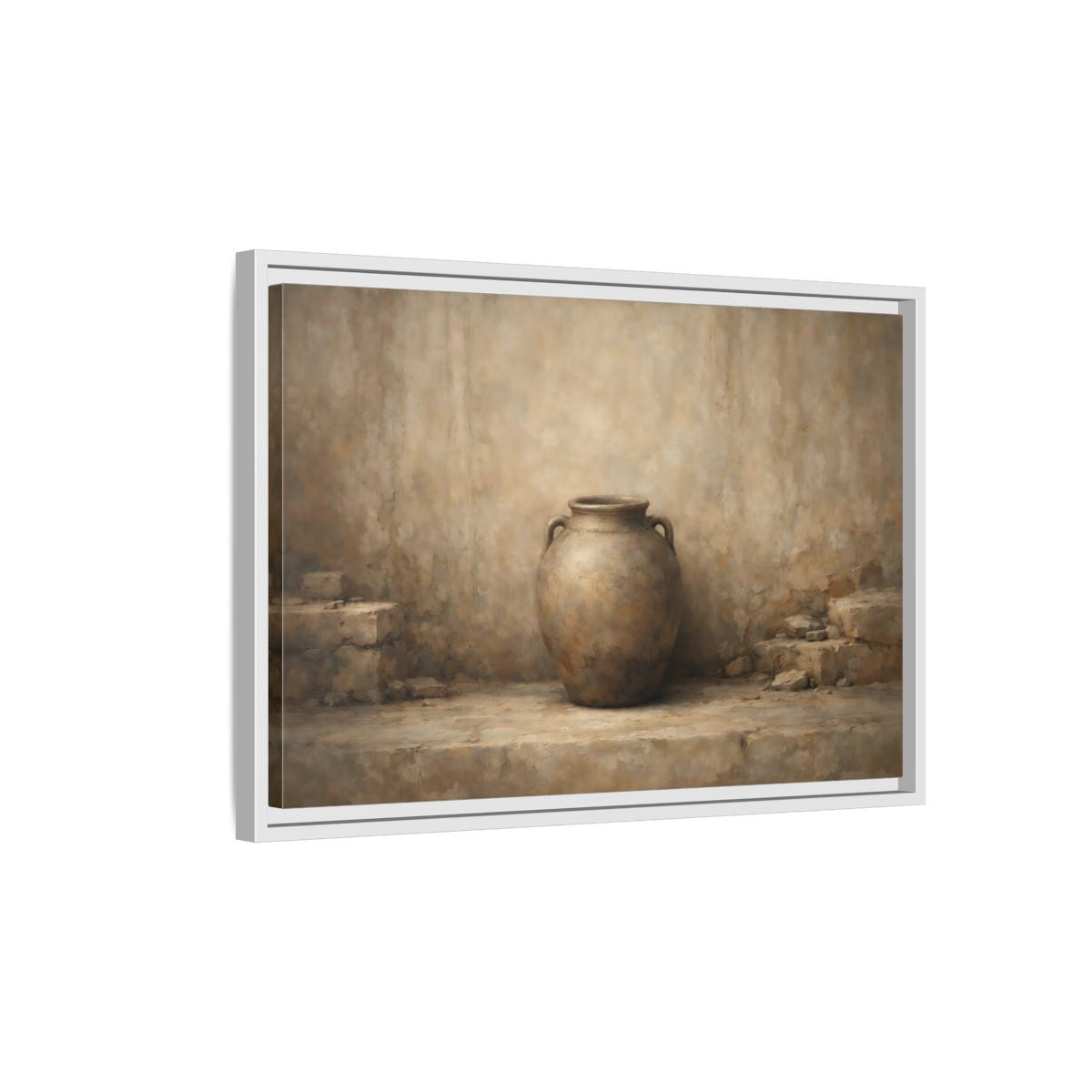 Side Mockup 1. Vintage Clay Pot Earthy Tones shown as stretched canvas wall art