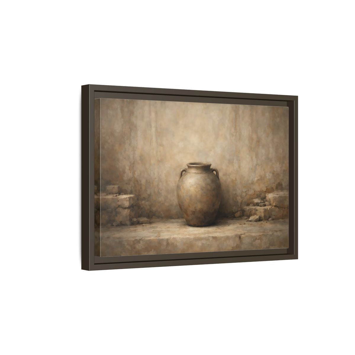 Side Mockup 5. Vintage Clay Pot Earthy Tones shown as stretched canvas wall art