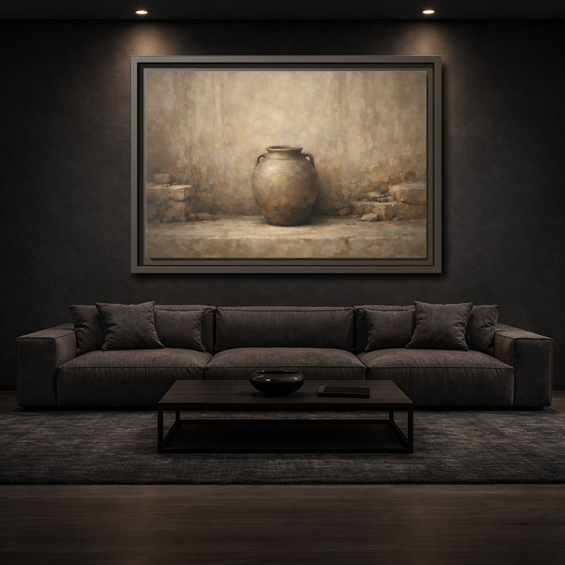 Mockup 2. Vintage Clay Pot Earthy Tones shown as stretched canvas wall art