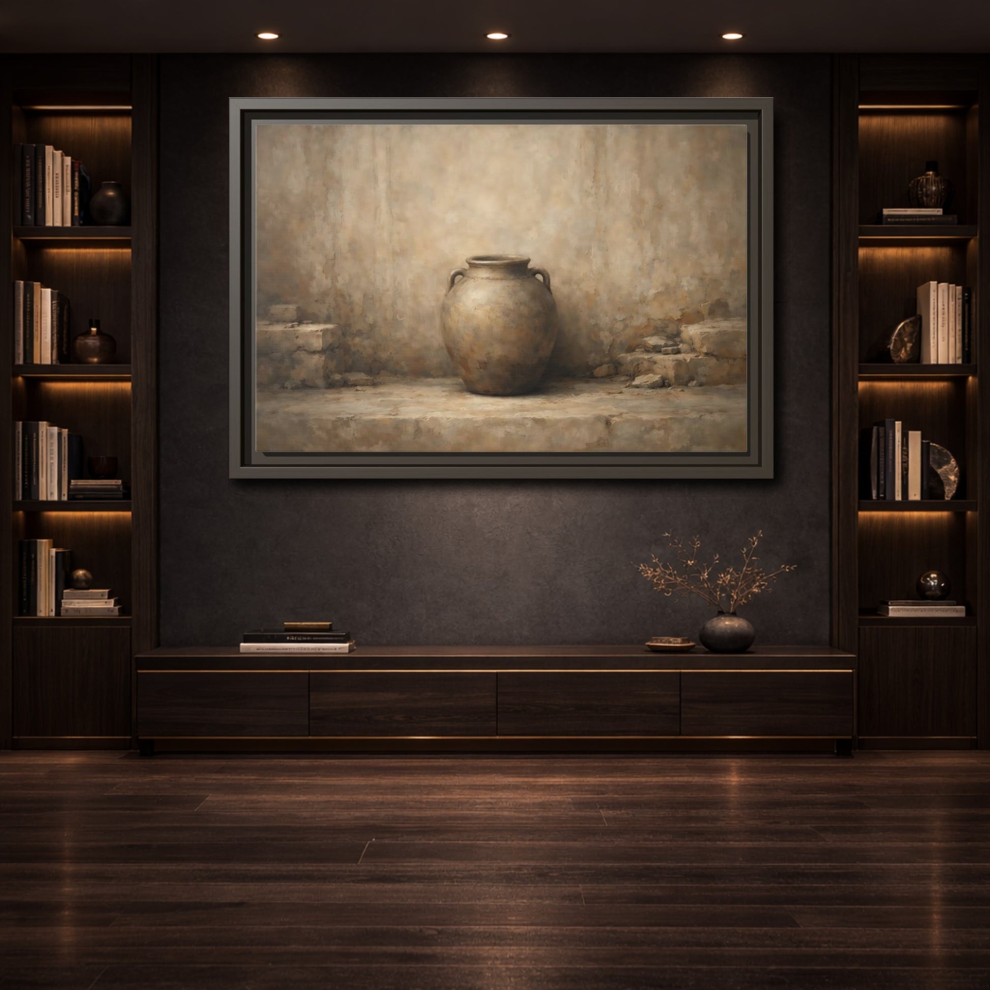 Mockup 3. Vintage Clay Pot Earthy Tones shown as stretched canvas wall art