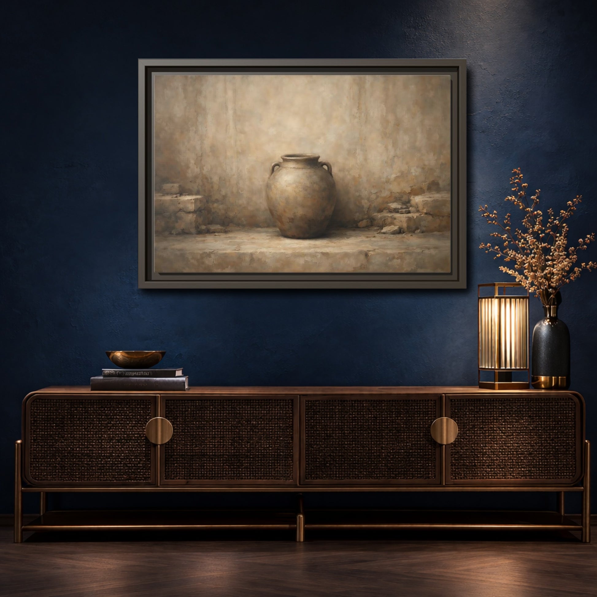 Mockup 4. Vintage Clay Pot Earthy Tones shown as stretched canvas wall art