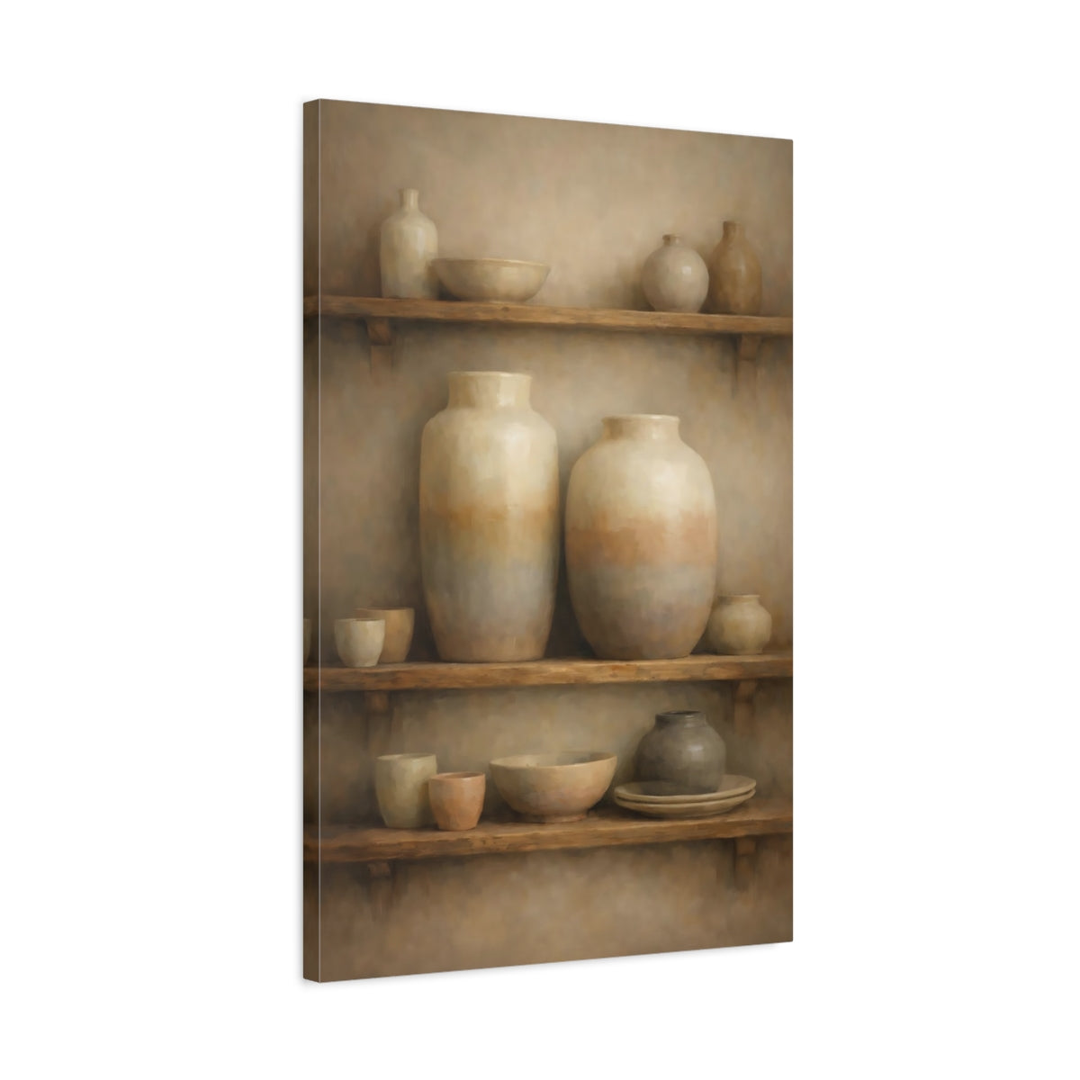 Side Mockup 2. Vintage Clay Pottery Brown And Tan shown as stretched canvas wall art